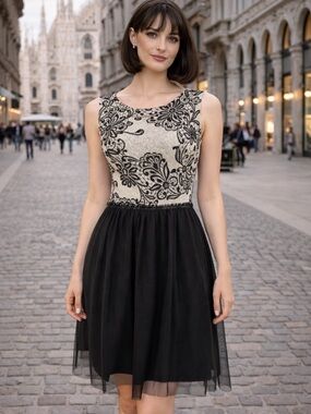 Black Lace Bodice Tulle Dress Sheer Back Size M